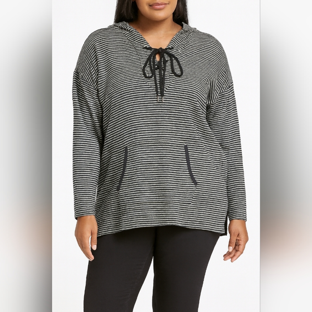 Women Within Plus Size 2X Black White Stripe Hoodie Pullover Sweater Soft Cozy